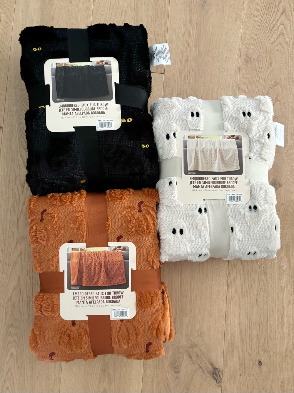 NWT Costco Halloween Faux Fur Throw Blankets (Set of 3) Ghost Cat Pumpkin NWT